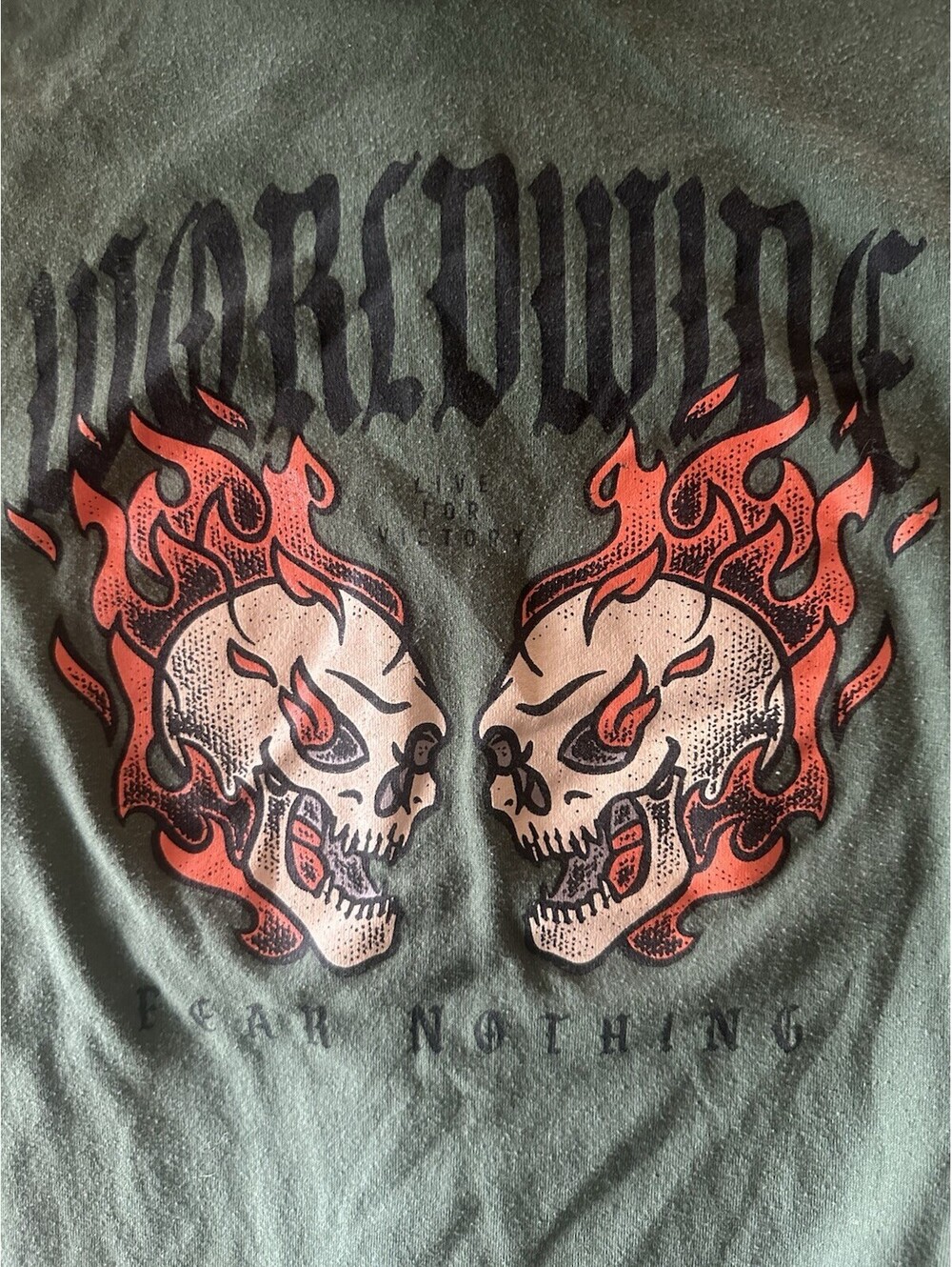 Flaming Skull Shirt Olive Green Gothic Biker Graphic Tee Streetwear M/L
